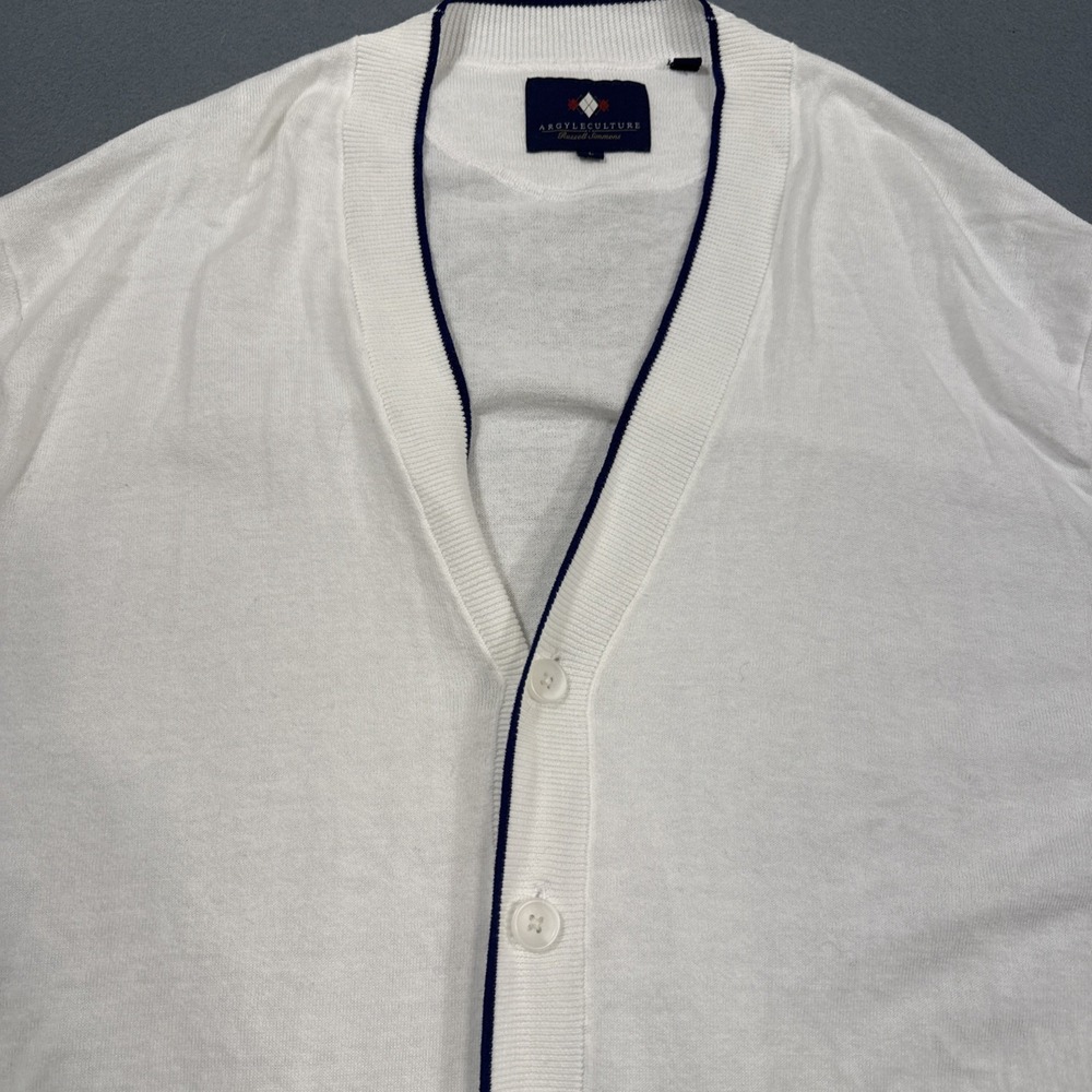 SWEATER CARDIGAN MENS LARGE ARGYLECULTURE Argyle WHITE BUTTON NAVY TRIM - Picture 2 of 9